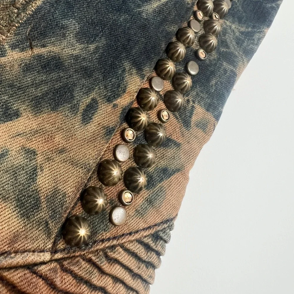 Robin's‎ Jean Black Brown Splatter Acid Wash Long Flap Pocket Studded Moto Jeans